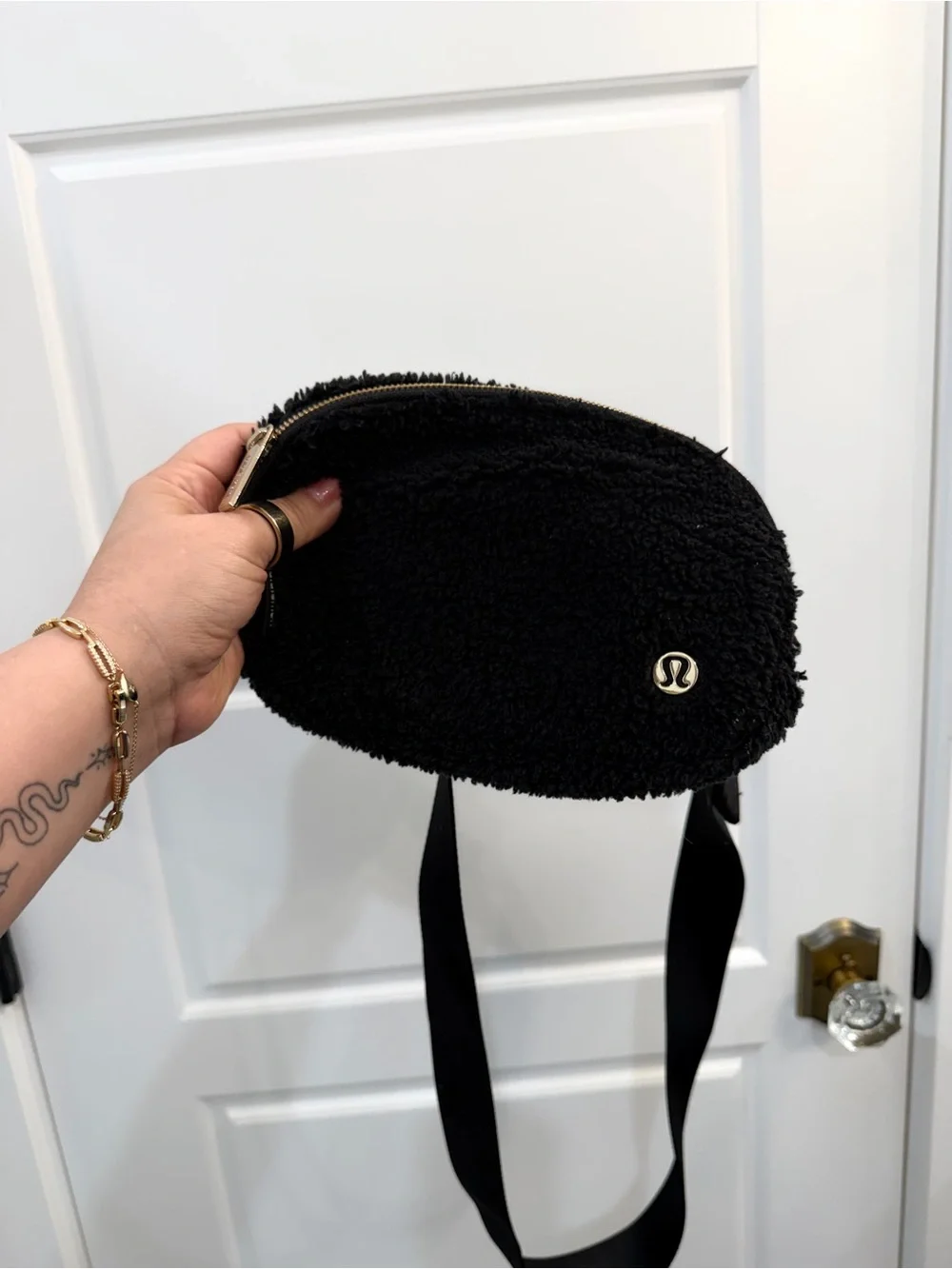 lululemon athletica Black Sherpa Crossbody Pouch with Gold Logo